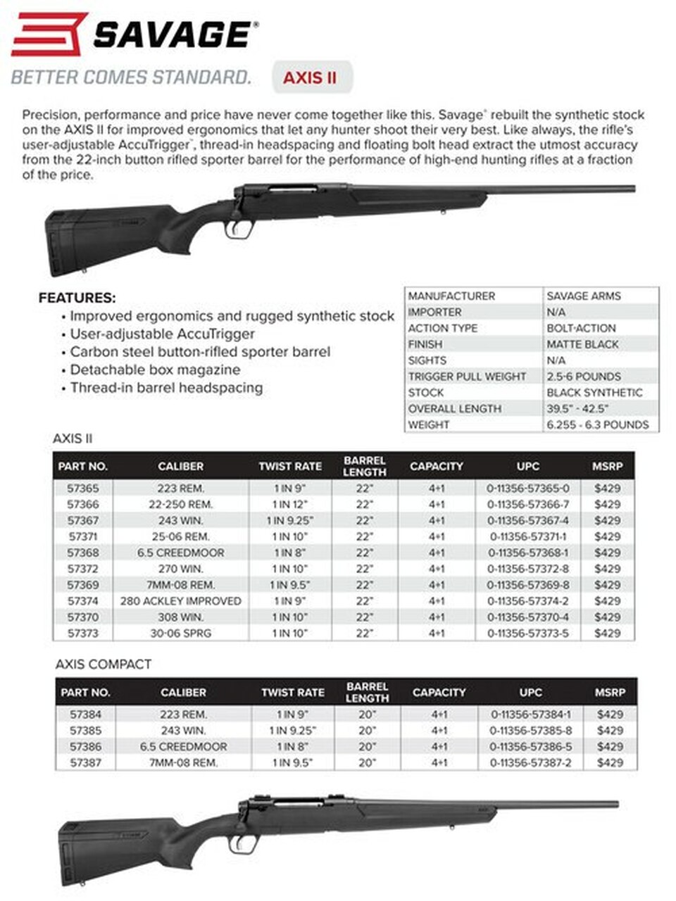 Savage Axis II Compact, 6.5 Creedmoor, 20" Barrel, Black Color, Black Polymer Stock, 4Rd, Detachable Box Magazine