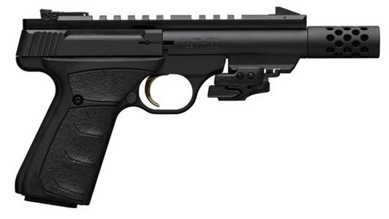 Browning, Buck Mark Black Label, Semi-automatic, 22 LR, 4.4" Barrel, Threaded, Compensator, Aluminum Frame, Black Color, Matte Finish, UFX Grip, Thumb Safety, Blade Front/Adjustable Rear Sights, 10Rd, 2 Magazines, Includes Crimson Trace Laser
