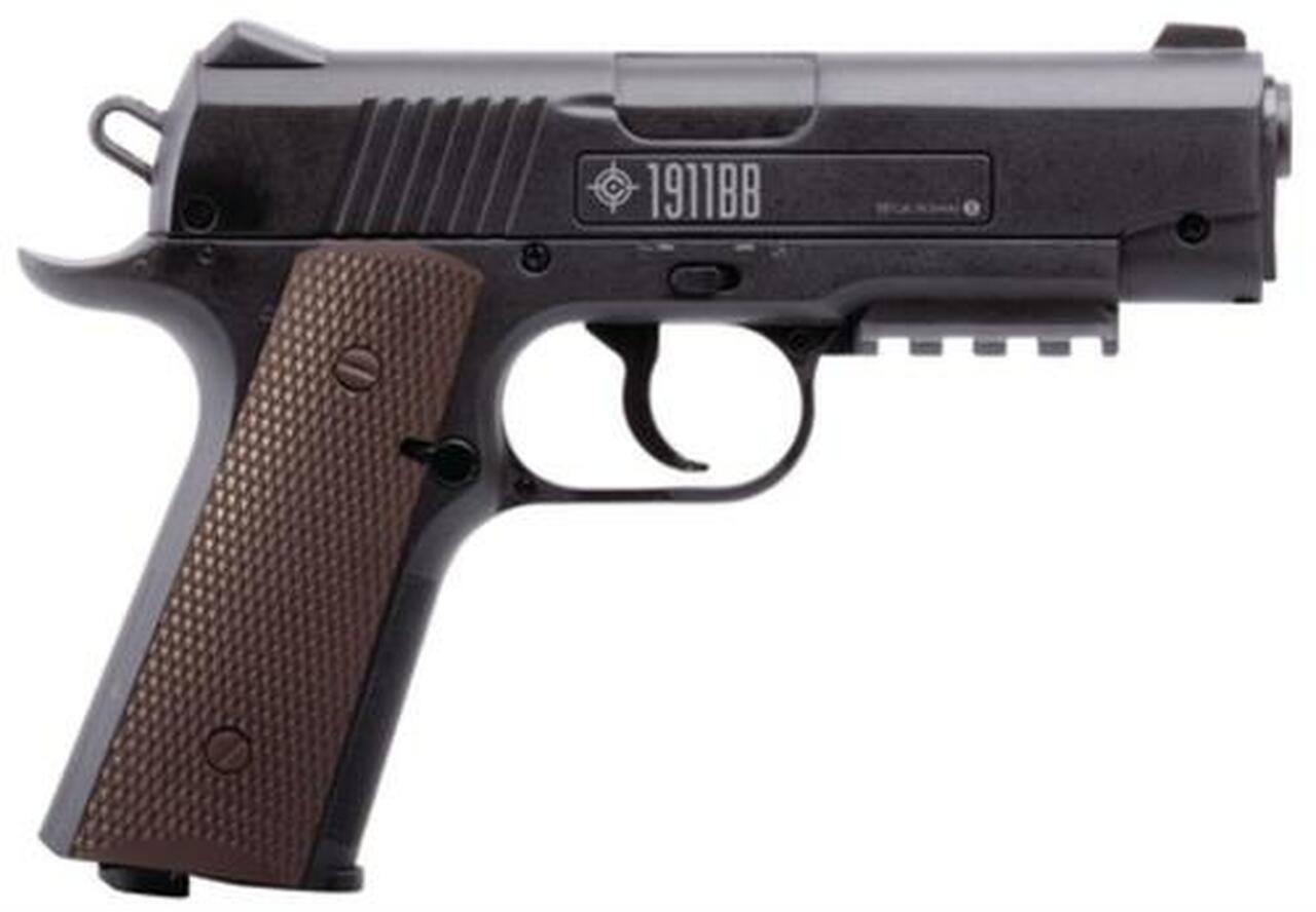 Crosman Air Guns 1911BB CO2 Powered Semi-Auto Pistol 4.5mm/BB Caliber Fixed Front Sight Fixed Notch Rear Sight Black Frame with Brown Grips