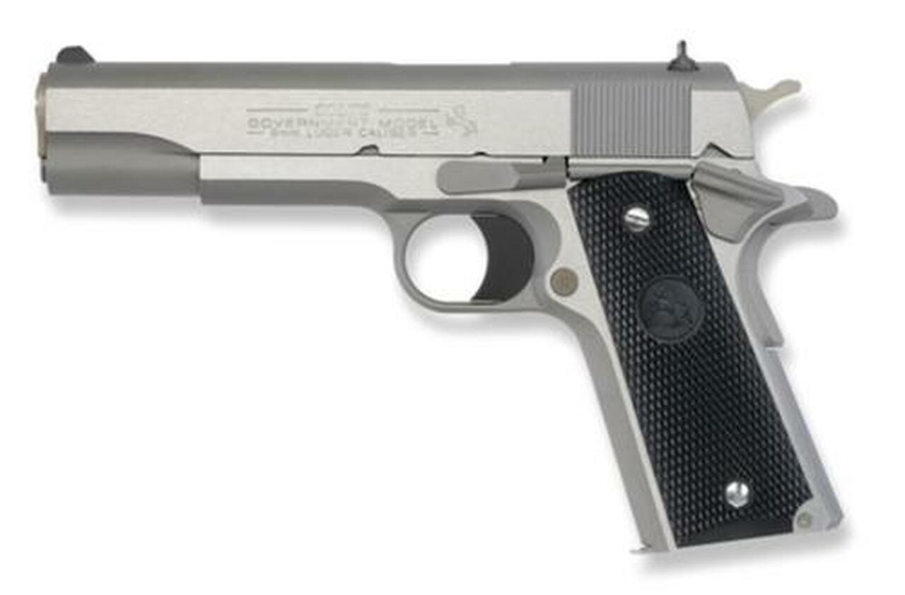 Colt Series 1991 Government 9mm 5" Barrel Brushed SS Finish White Dot Sights Composite Grips 8rd
