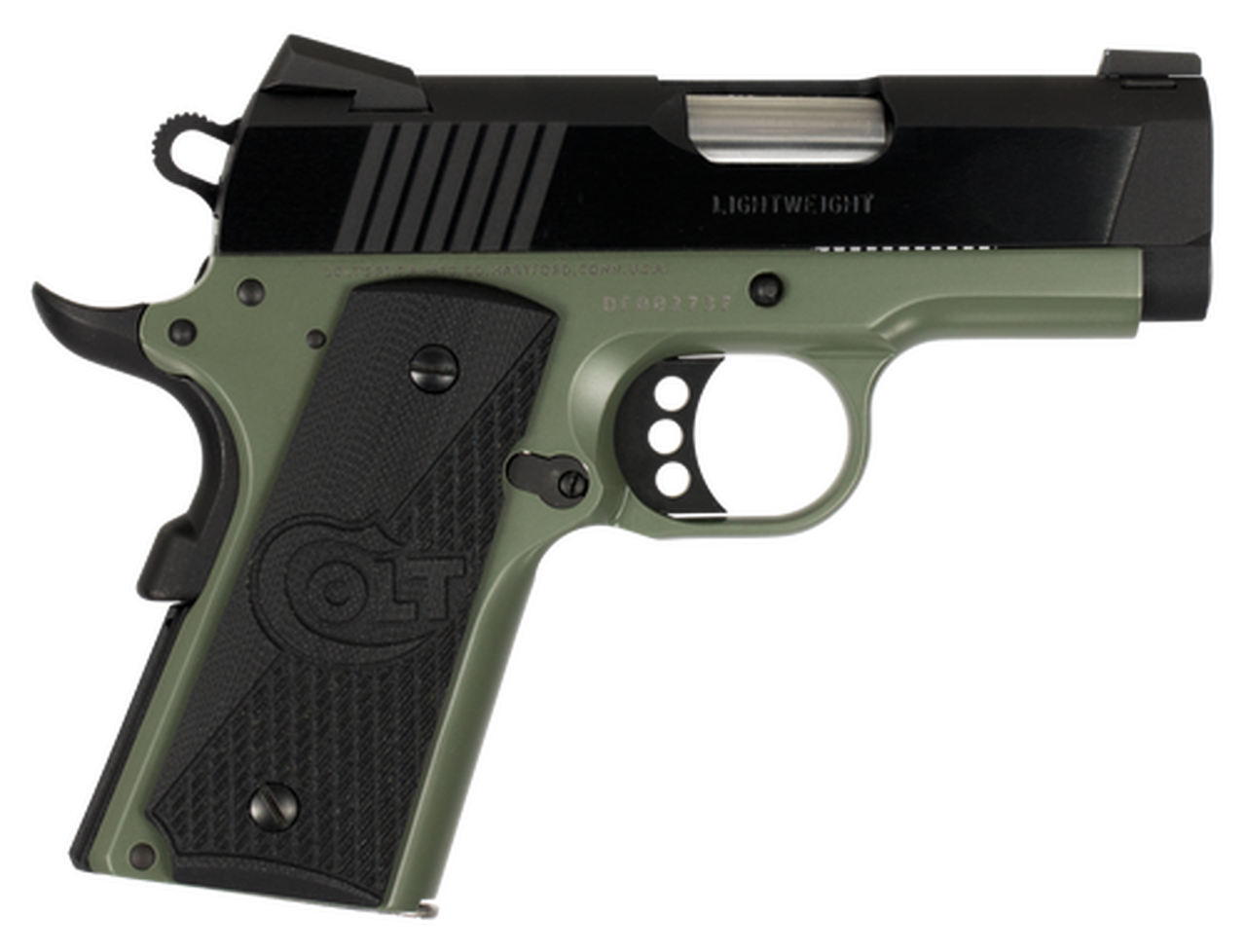 Colt 1911 Defender 45 ACP 3" Barrel, Black Cherry G10 Grip Green Aluminum Alloy Frame 7rd Mag