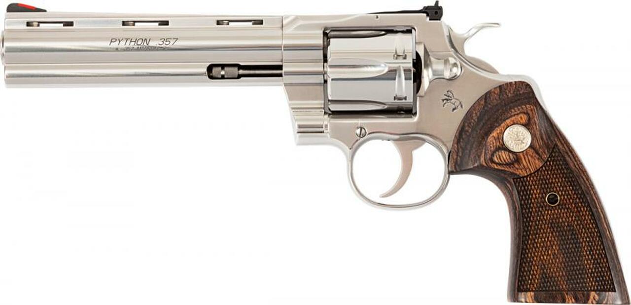 Colt Python 357 Mag, 6" Barrel, Stainless Finish &amp; Frame, Walnut Grips Red Ramp Front/Adjustable Rear, 6rd