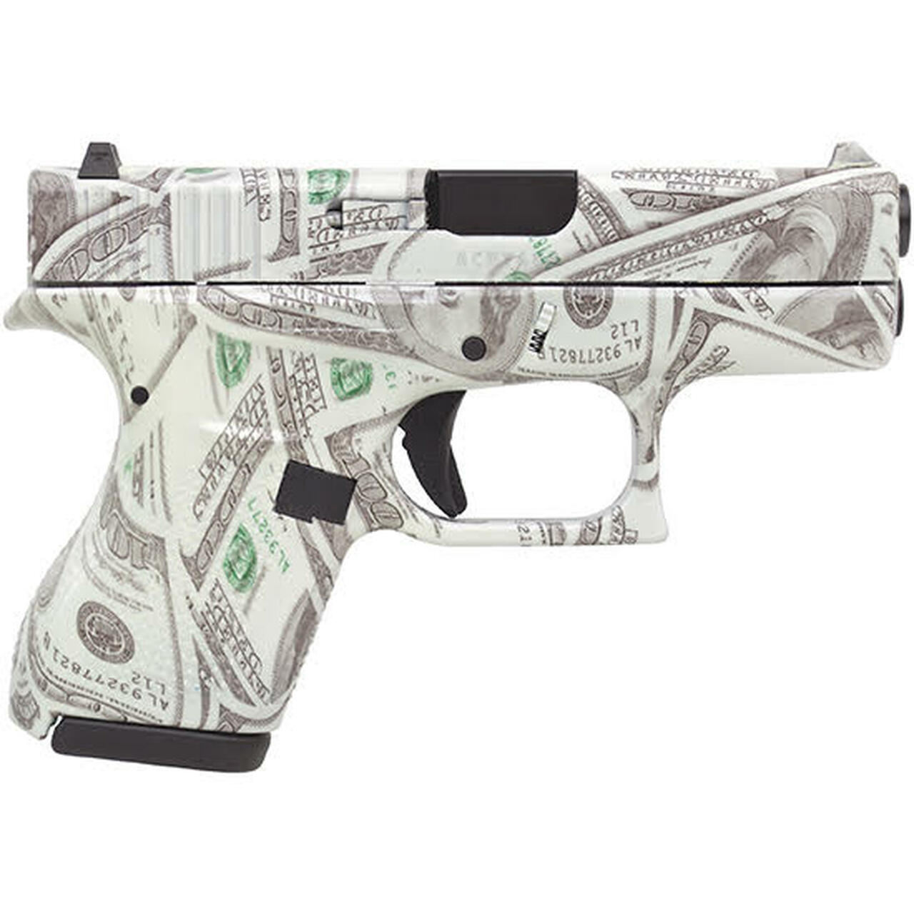 Glock 42, .380 ACP, 3.25", 6rd, Glow in the dark $100 Bill Camo