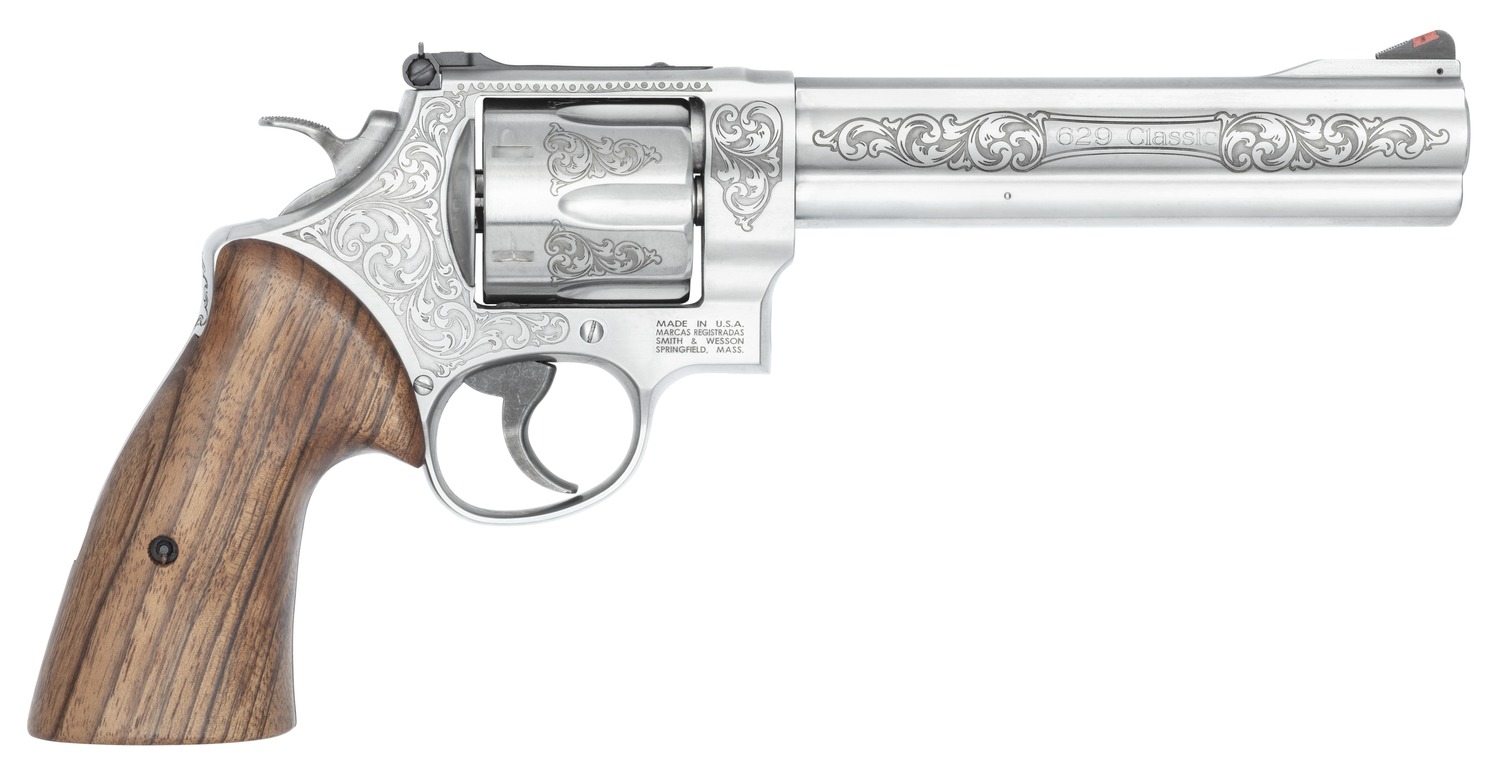 Smith & Wesson 14784 Model 629 N-Frame Large 44 S&W Spl/44 Rem Mag 6 Shot 6.50″ Stainless Steel Engraved Barrel, Cylinder & Frame, Tyler Gun Works Bear Hugger Walnut Grip, Exposed Hammer