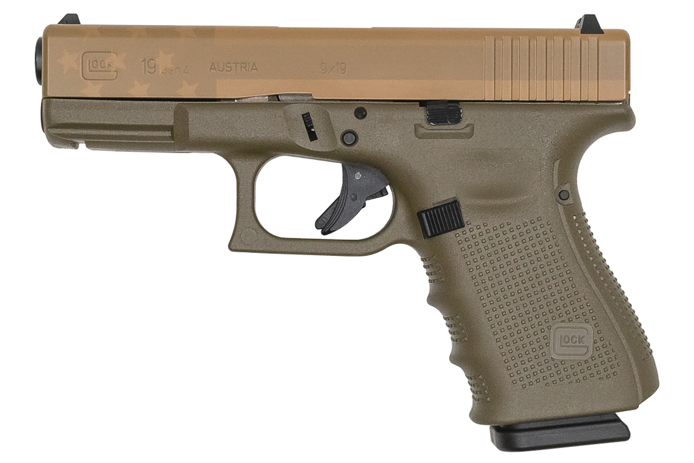 19 Gen4 9mm 15-Round Pistol with OD Green Frame and Tan American Flag Slide