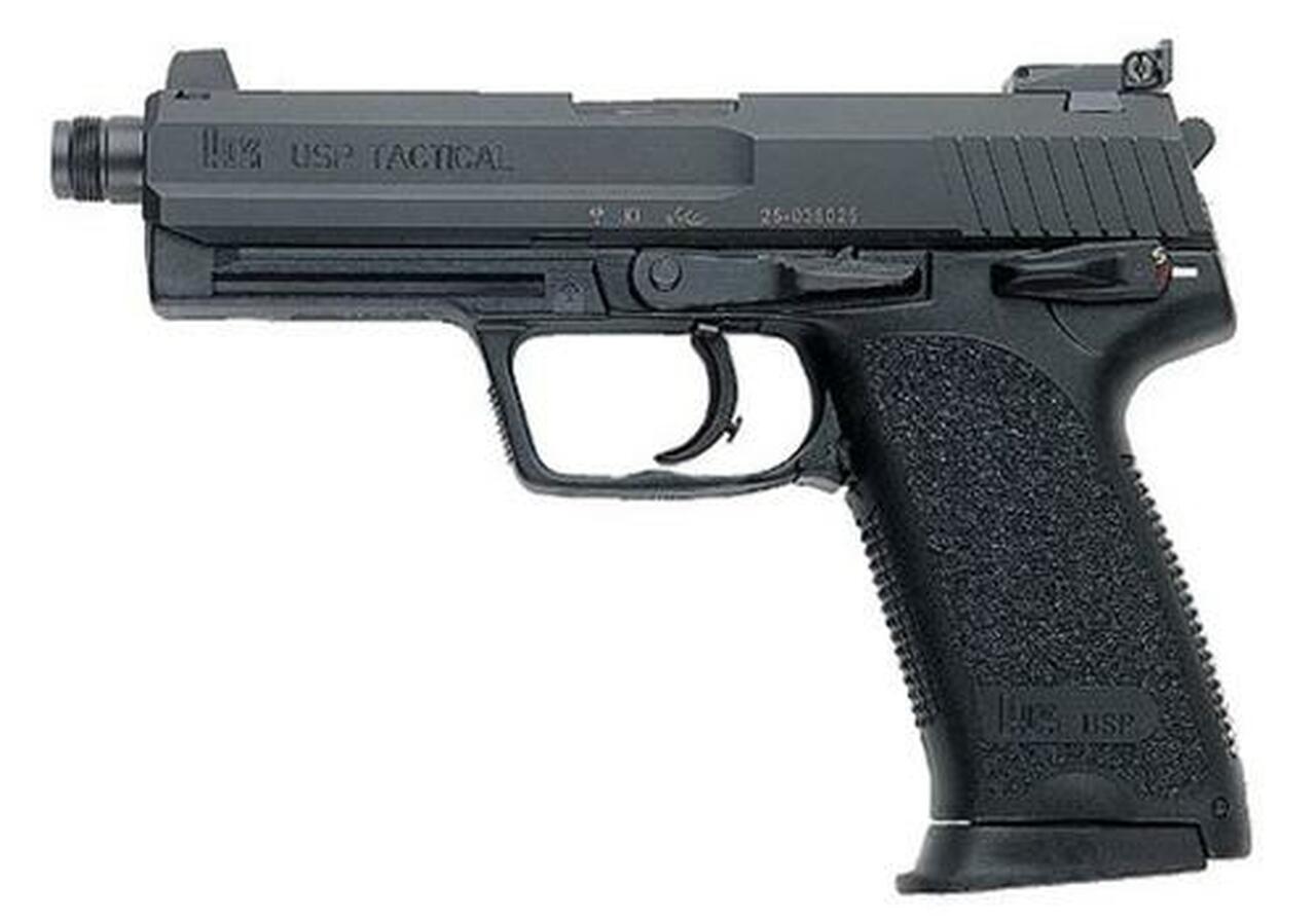 HK USP Tactical, V1, DA/SA, Full Size, 45ACP, 5.09" Threaded Barrel, Polymer Frame, Black, 3 Dot Sights, Safety/Decocker, 12Rd, 2 Magazines