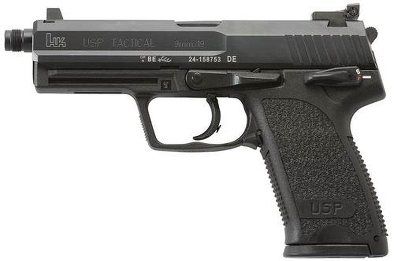 HK, USP Tactical, Semi-automatic, DA/SA, 9mm, 4.86" Threaded Barrel, Polymer Frame, Black, Safety/Decocker, Adjustable Sights, 15Rd, 2 Magazines
