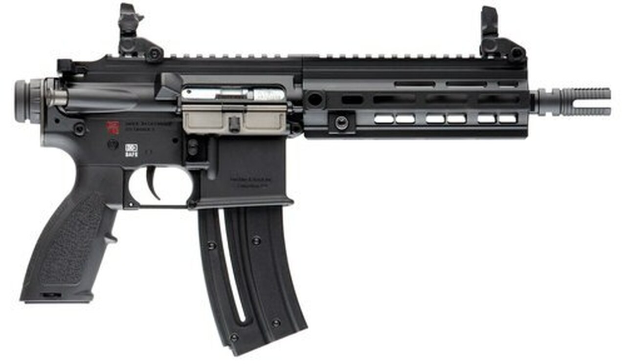 HK, HK416, 22 LR, Semi-automatic, Blowback Action, 8.5" Threaded Barrel, Aluminum Frame, Black, Synthetic Grip, 10Rd, 1 Mag, M-Lok RIS Rail, Right Hand, Front/Rear Flip Sights