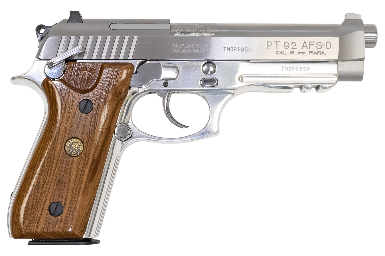PT 92 AFS-D Stainless 9mm Luger Semi-Automatic Pistol with Wood Grips