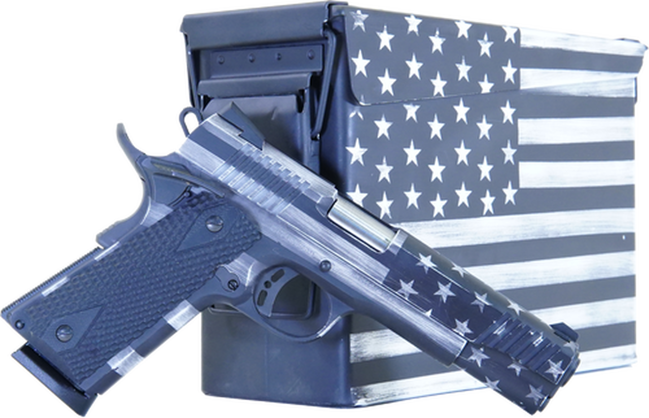 Citadel M-1911 with Ammo Can 45 ACP, 5" Barrel, Black G10 Grip American Flag, Battleworn Gray Cerakote Slide, 8rd
