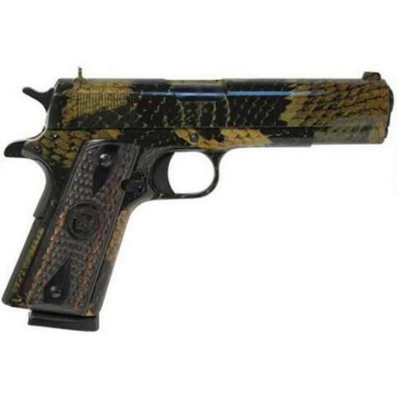 Iver Johnson 1911 A1, 45 ACP, 5", 8rd, Black Boa Snakeskin Finish, Wood Grips