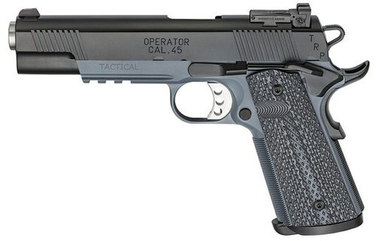Springfield Tactical Response Pistol Operator, Semi-automatic, 1911, Full Size, 45 ACP, 5" Bull Barrel, Steel Frame, Tactical Grey Finish, G10 Black Garolite Grips, Ambidextrous Safety, Tritium Night Sights, Range Bag, 2-7Rd Mags
