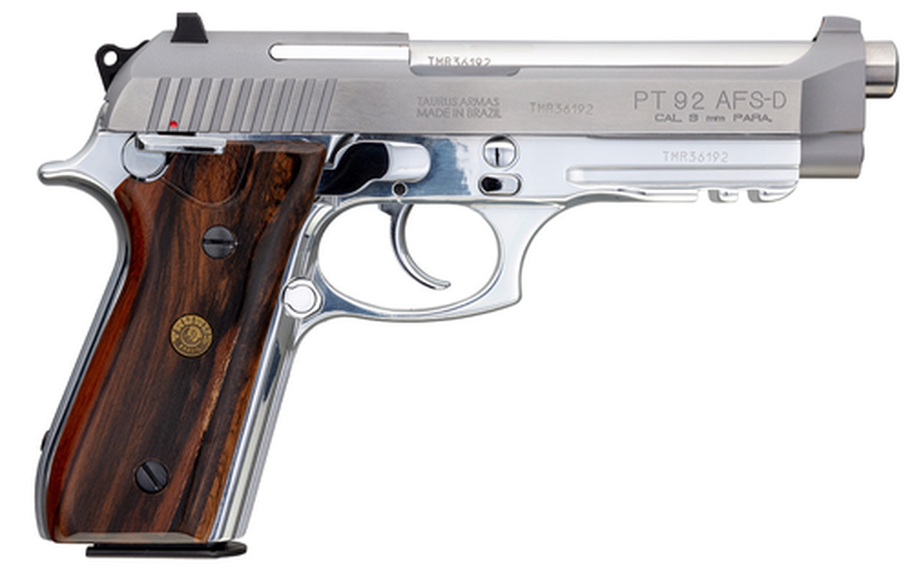 Taurus PT92 9mm, 5" Barrel, Stainless, Brazilian Walnut Grips, Adj Rear Sight, 2x17rd