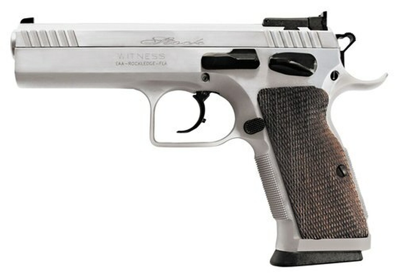 EAA Witness Elite Stock 2, 45 ACP, 4.5" Barrel, 10rd, Checkered Walnut Grip, Chrome Competition
