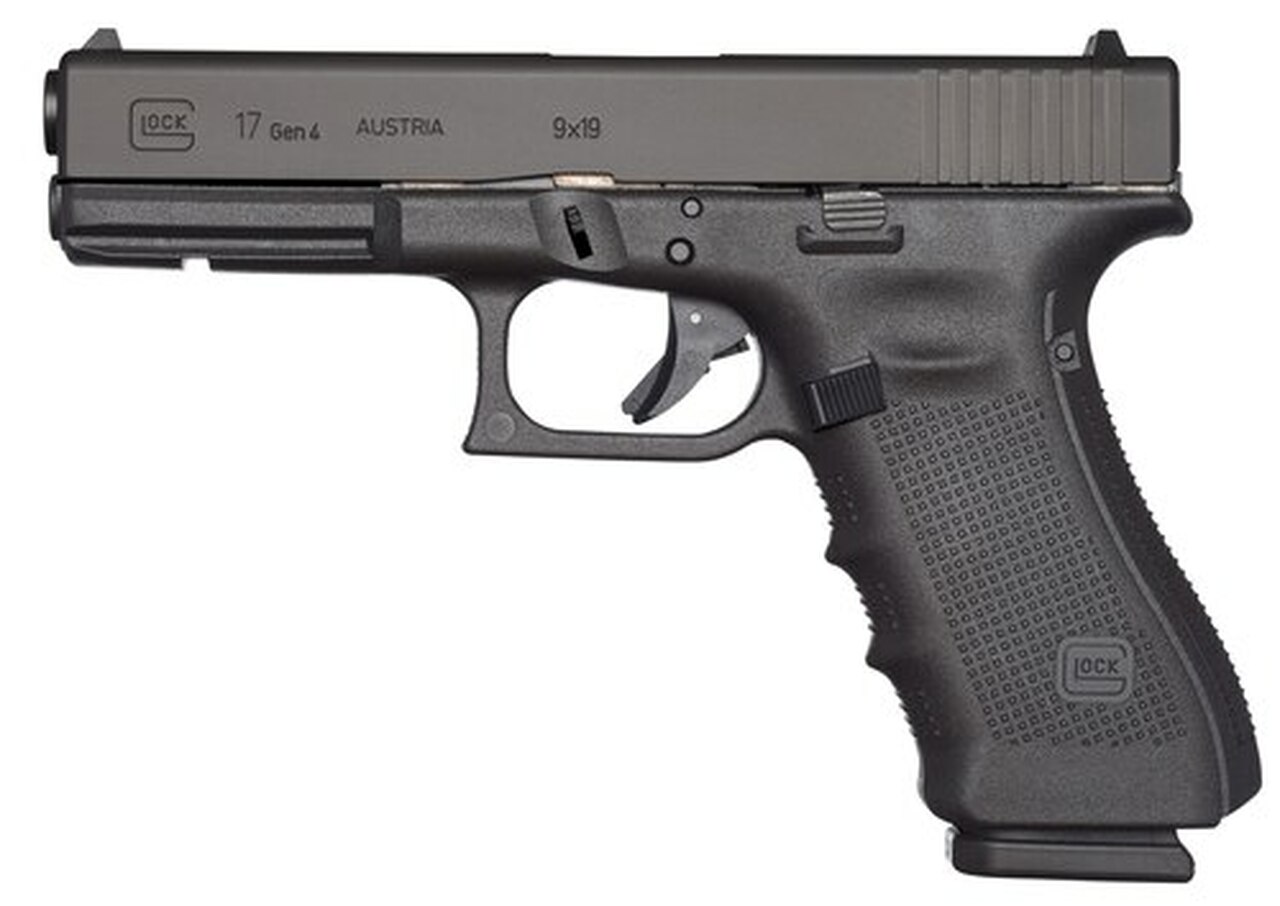 Glock, 17 Gen4, Striker Fired, Full Size, 9mm, 4.49" Barrel, Polymer Frame, Matte Finish, Fixed Sights, 10Rd, 3 Magazines