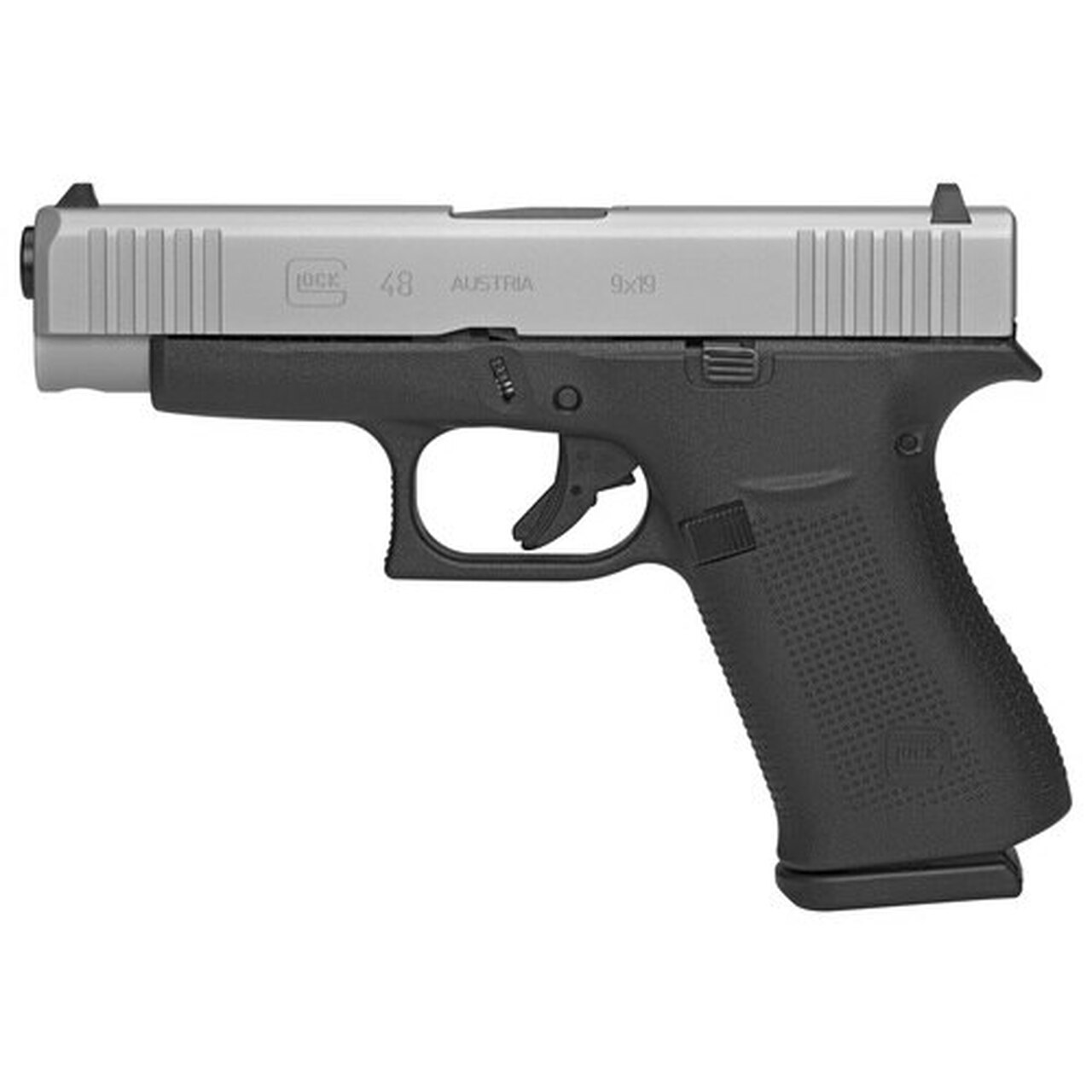 Glock, 48, Semi-automatic, Striker Fired, Compact, 9mm, 4.17" Barrel, Polymer Frame, Silver Finish, 10Rd, 2 Mags, AmeriGlo Bold Night Sights