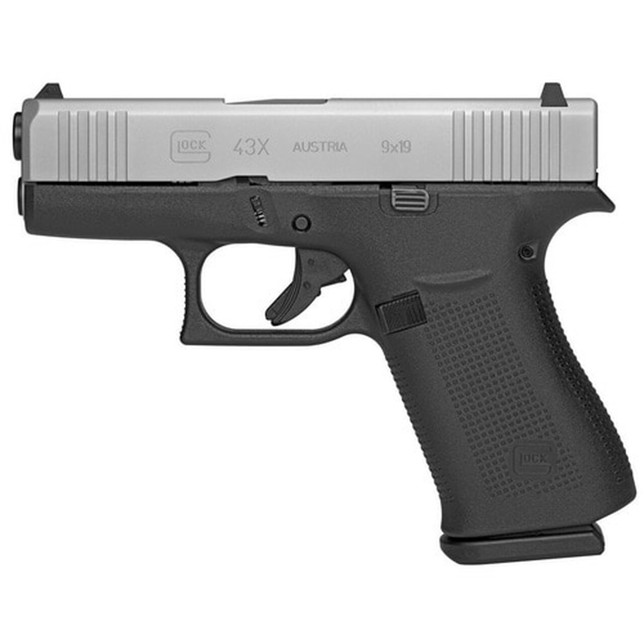 Glock 43X Silver Subcompact 9mm, 3.41" Barrel, Polymer Frame, Ameriglo Night Sights, 2x10rd Mags