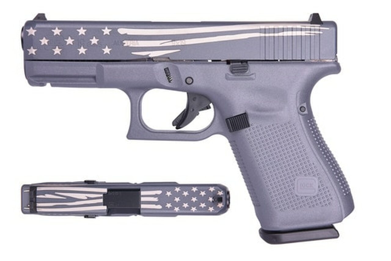Glock 19 Gen5 9mm, 4" Barrel, Gray/Laser Engraved Distressed Flag, 15rd