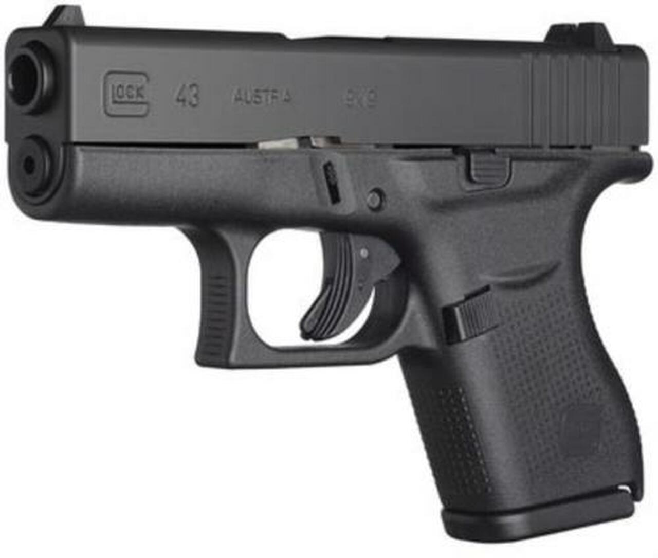 Glock, 43, Semi-automatic, Striker Fired, Sub Compact, 9mm, 3.41" Barrel, Polymer Frame, Matte Finish, Fixed Sights, 6Rd, 2 Magazines