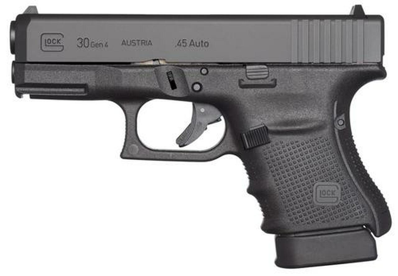 Glock, 30 Gen 4, Safe Action, Compact Pistol, 45 ACP, 3.77" Barrel, Polymer Frame, Matte Finish, Fixed Sights, 10Rd, 3 Magazines, Glock OEM Rail