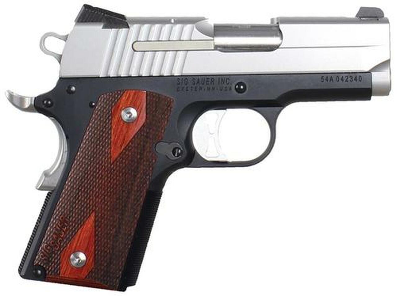 Sig 1911 45 ACP 3.3In 2-Tone Black & Stainless Finish SAO Siglite Rosewood Grip (2) 7RD Steel MAG