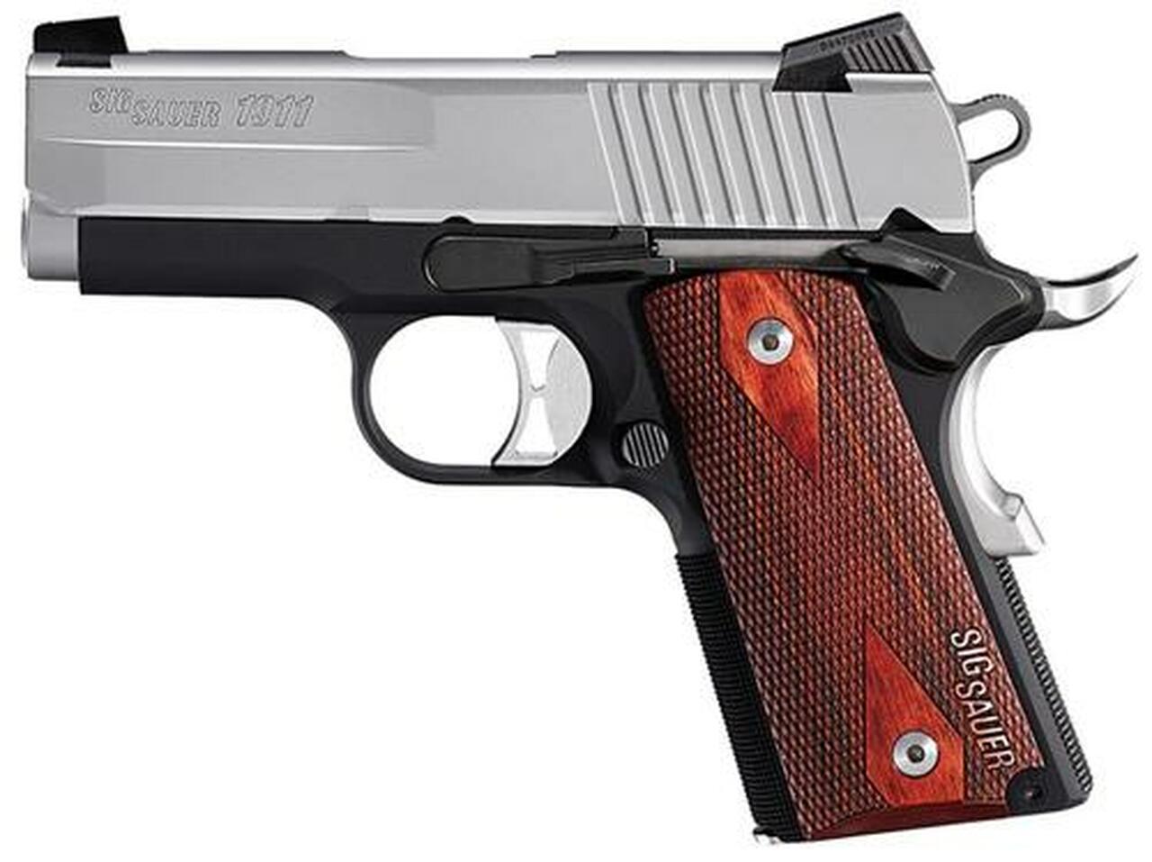 Sig 1911 9MM 3.3In Ultra Compact Black &amp; Stainless Finish SAO Siglite Rosewood Grip (2) 8RD Steel MAG
