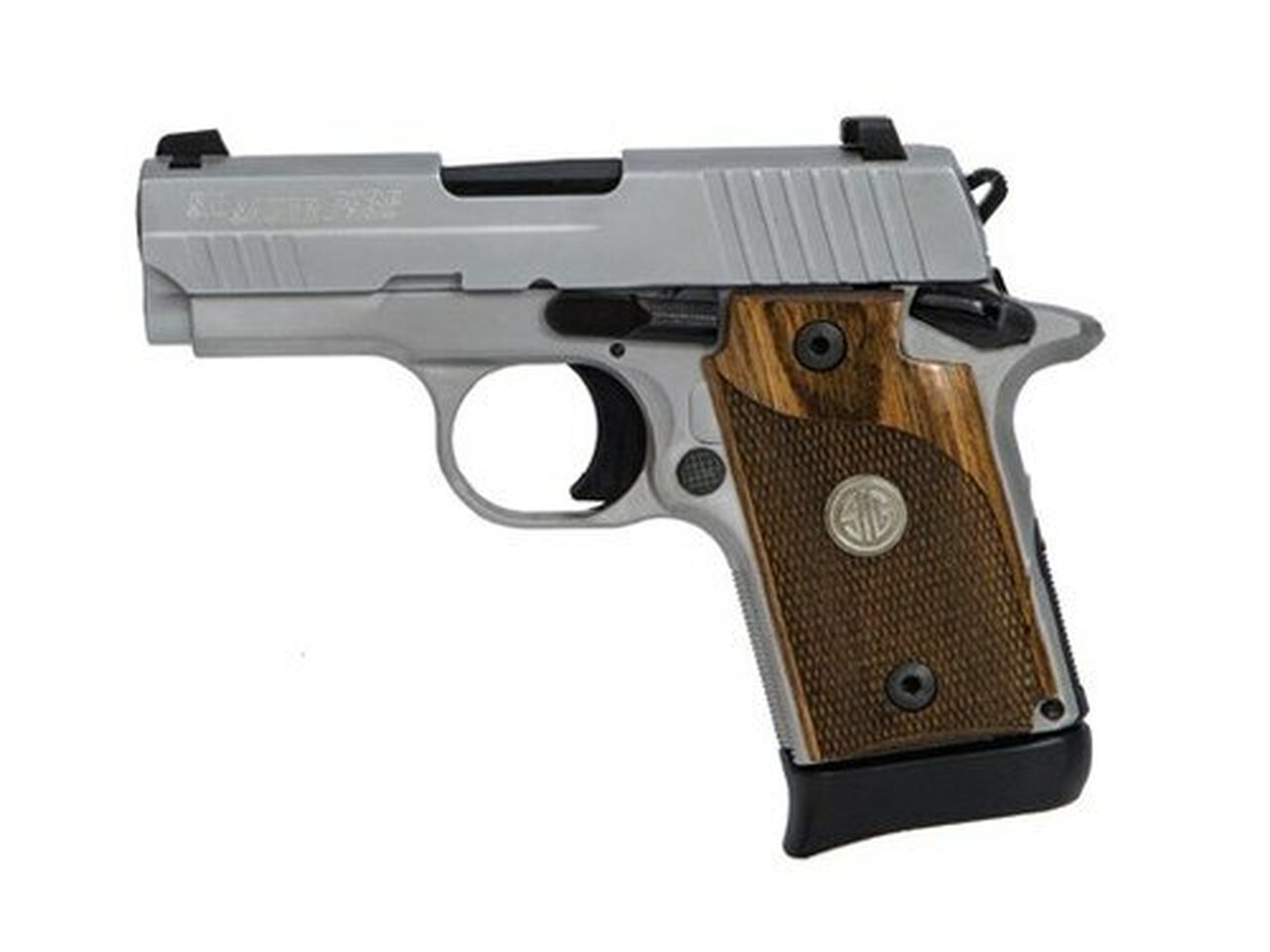 Sig P938, 9mm, 3", 6rd/7rd, Night Sights, Ambidextrous Safety, Wood Grips, Stainless