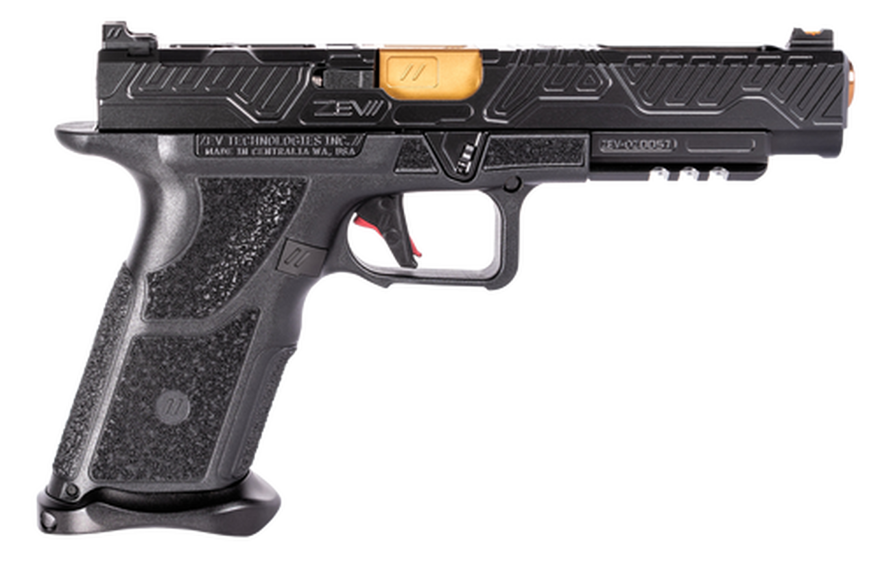 Zev Technologies O.Z-9 Competition 9mm, Single, 5.75" Barrel, Black Grip, Black DLC Slide, 17rd