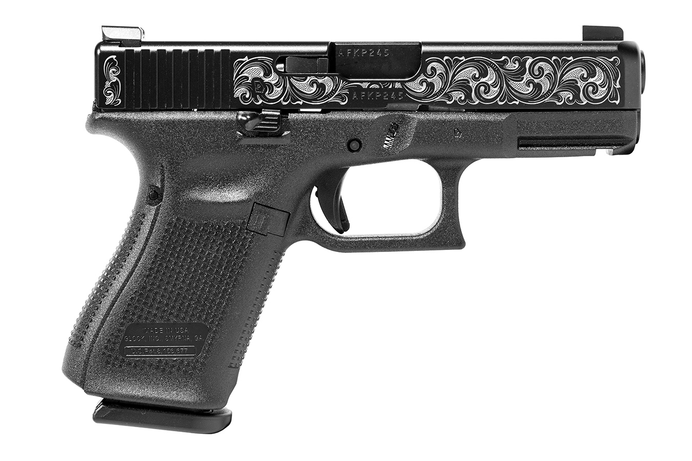 19M 9mm FBI Spec Pistol with Custom Engraved Slide and Night Sights
