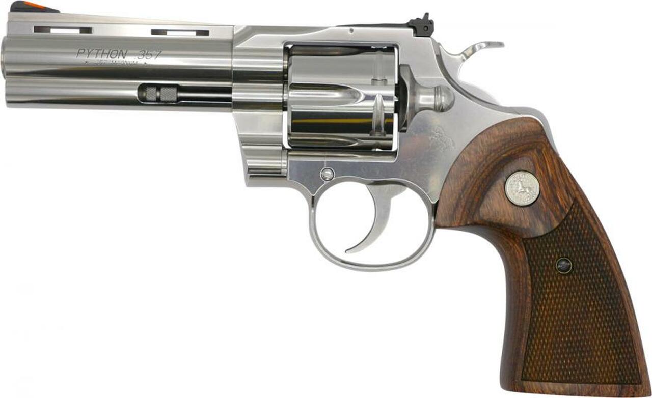 Colt Python 357 Magnum, 4.25" Barrel, Stainless Finish &amp; Frame, Walnut Grips Red Ramp Front/Adjustable Rear 6rd