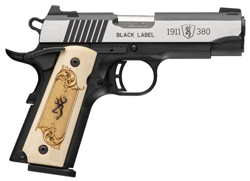Browning Black Label, 1911 380 ACP, 3.6" Barrel, Black Frame, Maple Medallion Checkered Grip, 8rd
