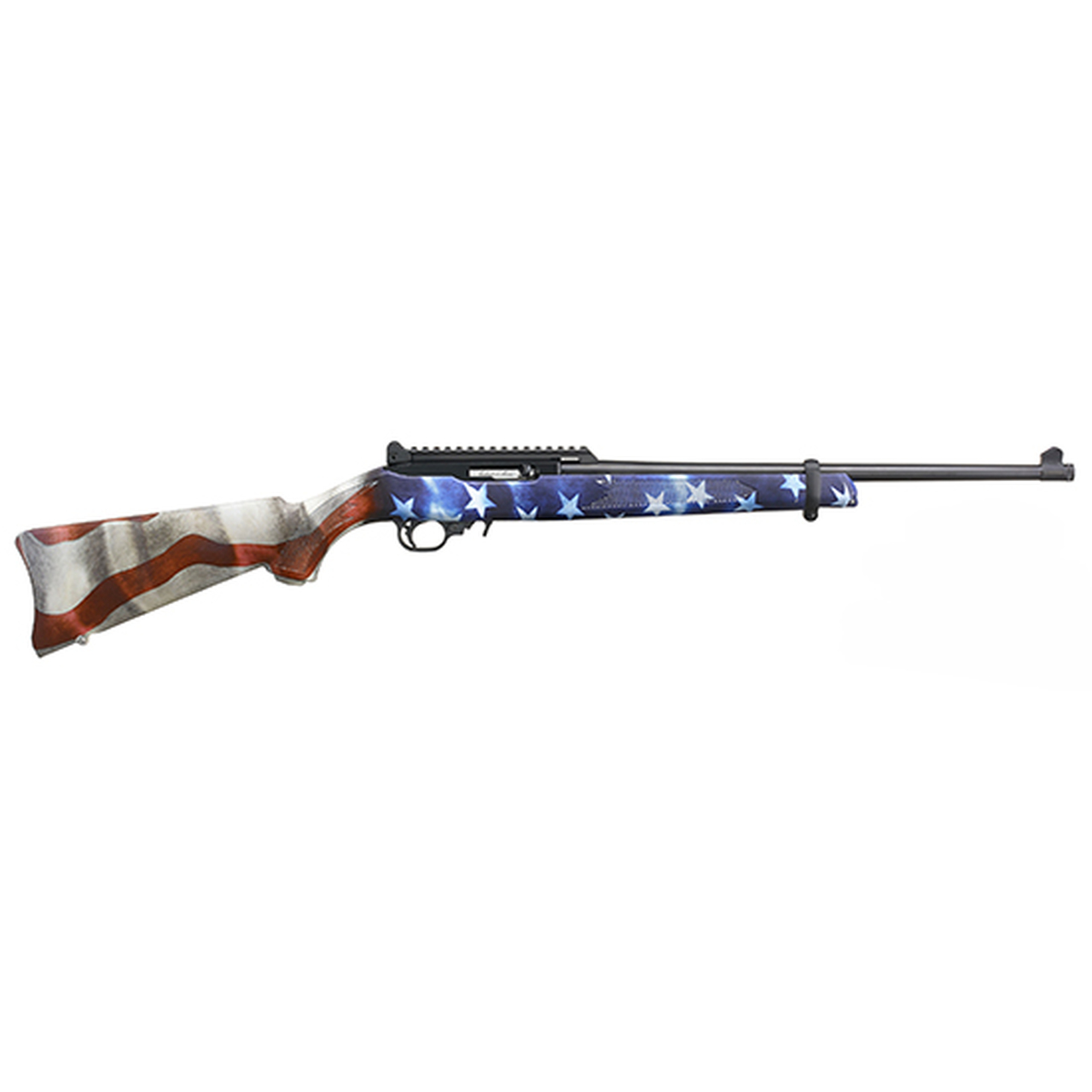 Ruger 10/22, Carbine, Semi-automatic, 22 LR, 18.5" Threaded Barrel, Black Color, Satin Finish, Adjustable Ghost Ring Rear Sight, Protected Blade Front Sight, American Flag Synthetic Stock, 10Rd