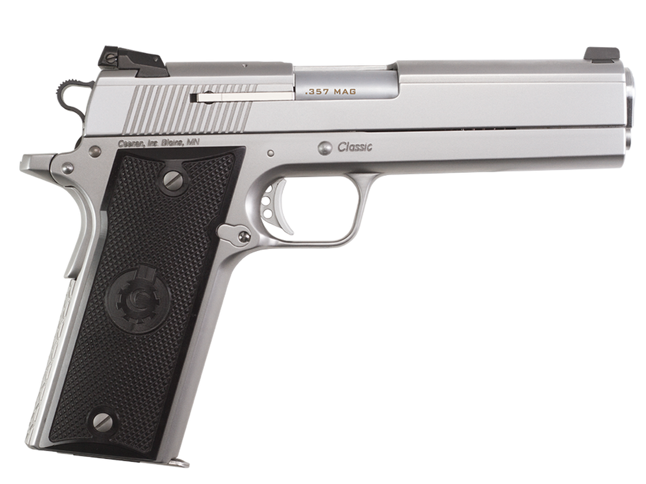 Coonan Classic 357 Mag, 5", Satin Stainless, Fixed Black Sights, Black Alum Grips, 1 Mag (Special Order)