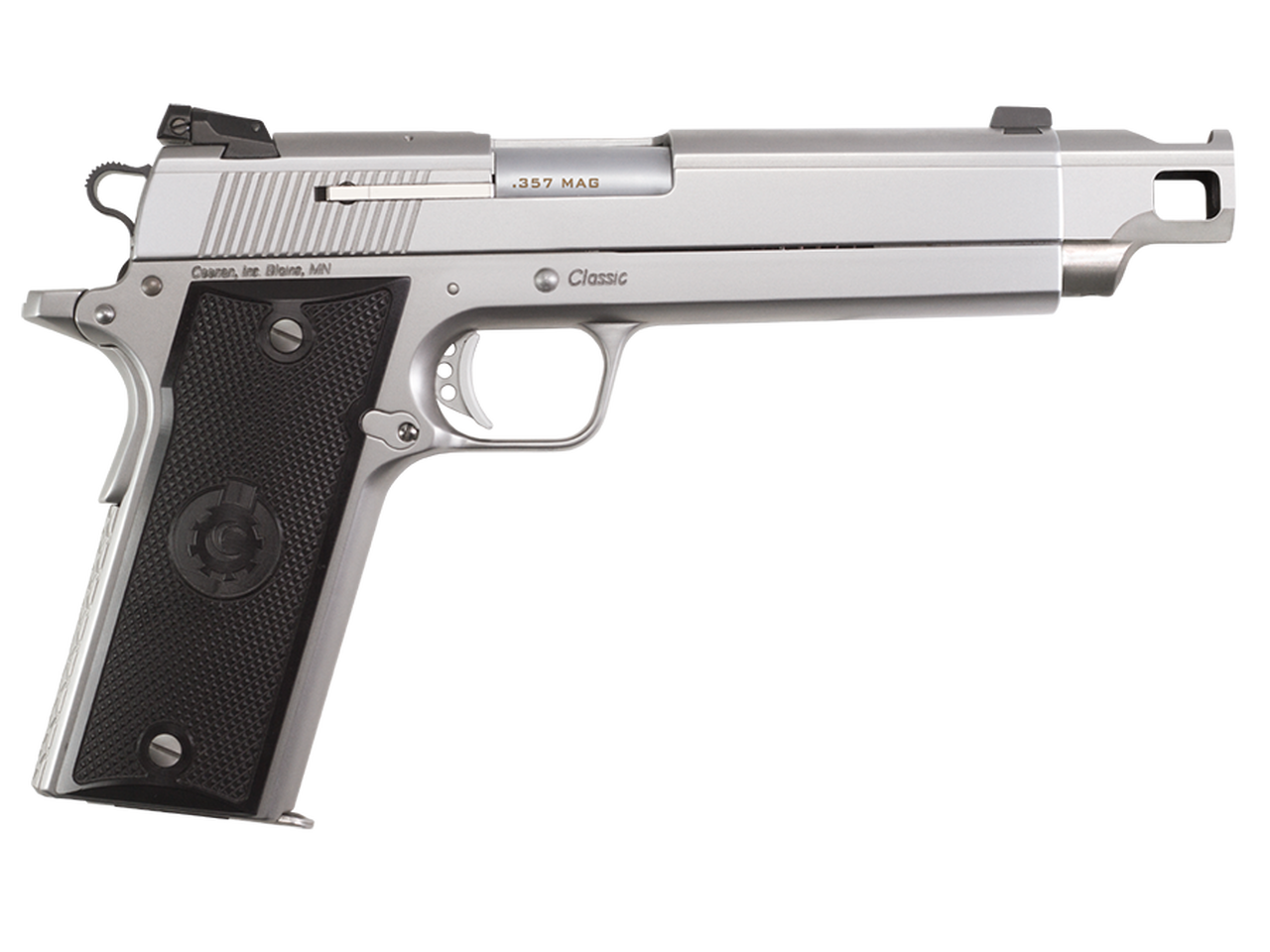 Coonan Compensated 357 Mag, 5.7", Satin Stainless, Fixed White Dot Sights, Black Alum Grips, 1 Mag (Special Order)