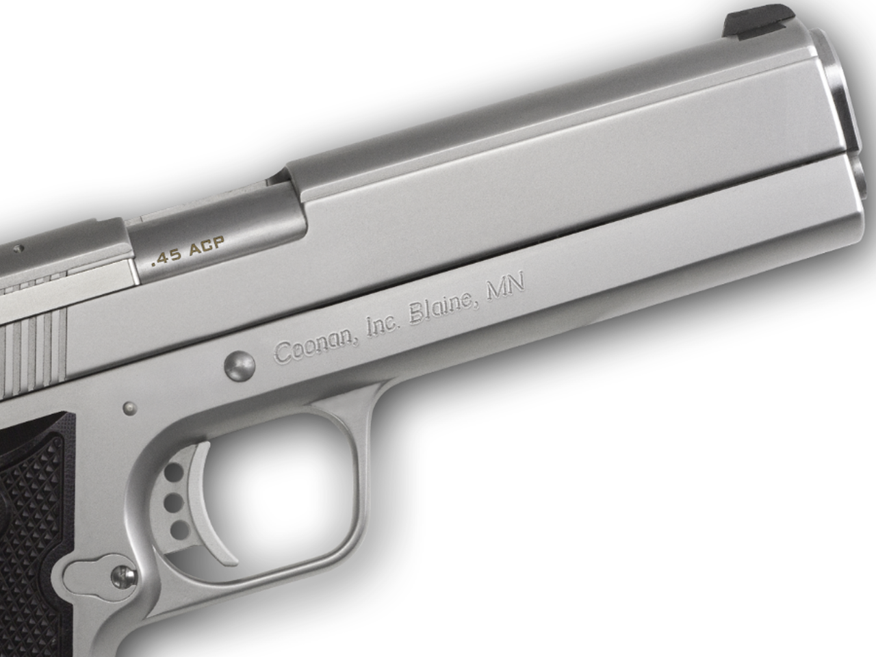 Coonan MOT 45 ACP, 5", Satin Stainless, Fixed Black Sights, Black Alum Grips, 1 Mag (Special Order)