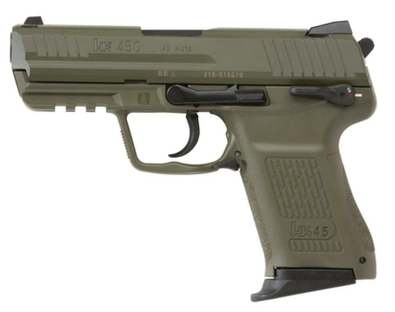 Heckler &amp; Koch HK45 Compact Green Finish Frame and Slide (V1) DA/SA safety/decocking lever on left with two 8rd mags