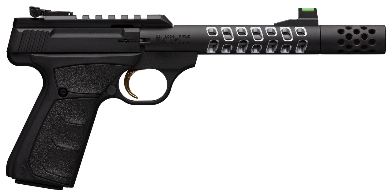 Browning, Buck Mark Vision, Semi-automatic, 22 LR, 5.875" Barrel, Threaded 1/2-28, Includes Muzzle Brake, Black Color, Anodized Finish, URX Rubber Grip, Thumb Safety, Right Hand, Adjustable Rear & Fiber Optic Front Sights, 10Rd, 2 Magazines