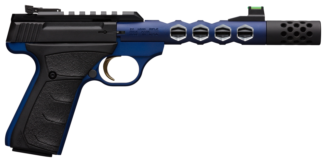 Browning, Buck Mark Vision, Semi-automatic, 22 LR, 5.875" Barrel, Threaded 1/2-28, Includes Muzzle Brake, Blue Color, Anodized Finish, URX Rubber Grip, Thumb Safety Right Hand, Adjustable Rear &amp; Fiber Optic Front Sights, 10Rd, 2 Magazines