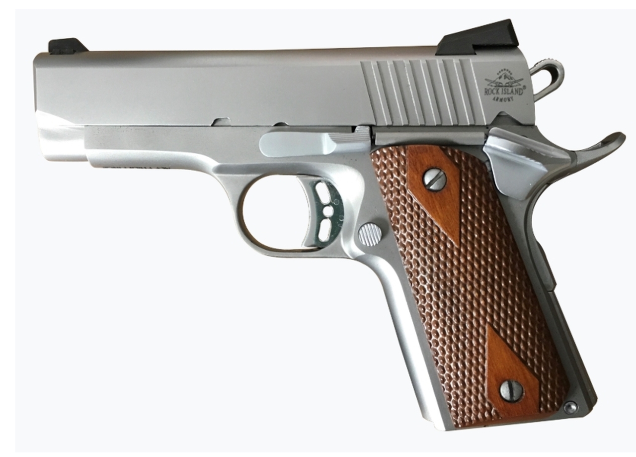 Rock Island ECS 1911, Compact, 45ACP, 3.63" Barrel, Steel Frame, Stainless Finish, Wood Grips, Fixed Sights, 7Rd, 1 Magazine