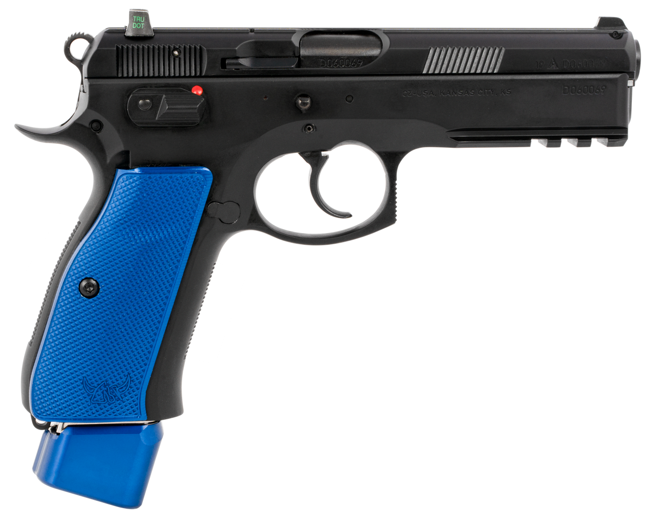 CZ 75 SP-01 9mm, 4.60" Bbl,, Rnd, Black Slide, Blue Henning Grips, 22 rd