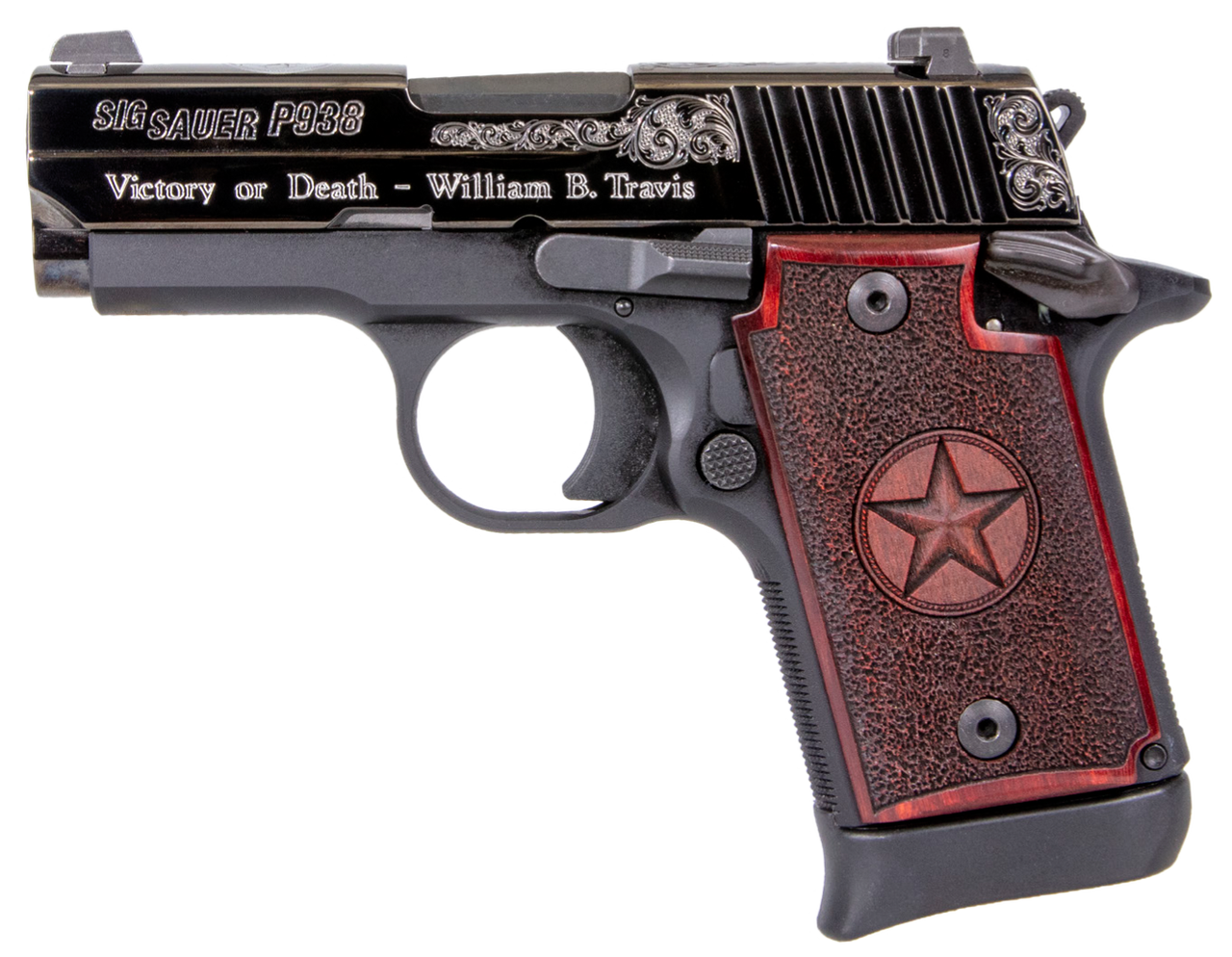 Sig P938 Texas Engraved Silver 9mm 3"Barrel, Black, Silver Engraving Slide, Stainless, Redwood Grip, 6rd-7rd Mags
