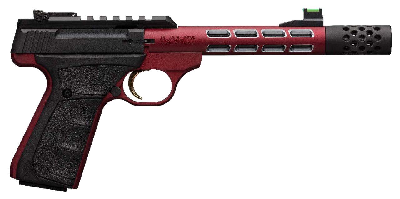 Browning, Buck Mark Vision, Semi-automatic, 22 LR, 5.875" Barrel, Threaded 1/2-28, Includes Muzzle Brake, Red Color, Anodized Finish, URX Rubber Grip, Thumb Safety, Right Hand, Adjustable Rear &amp; Fiber Optic Front Sights, 10Rd, 2 Magazines
