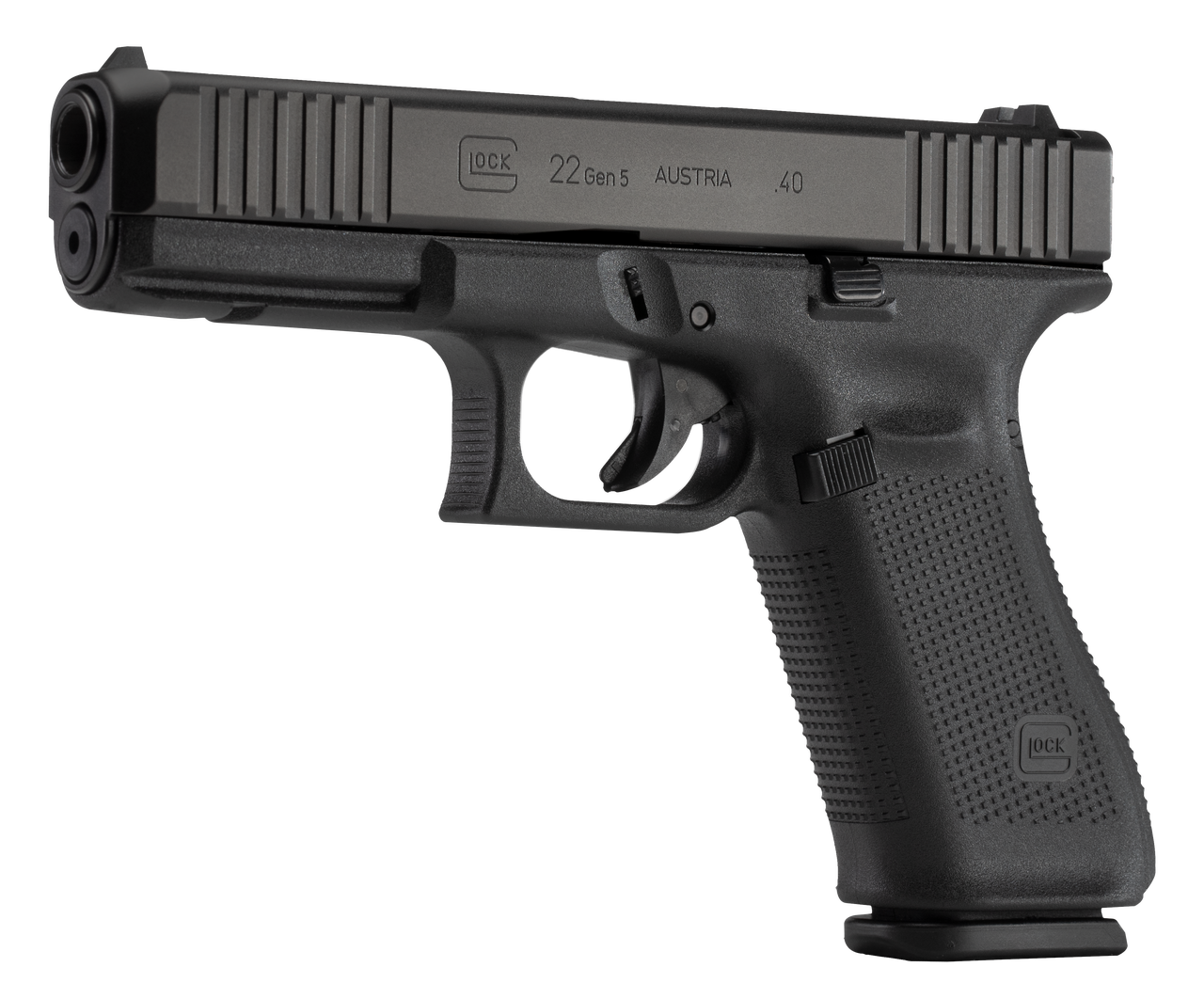 Glock 22 Gen5, Striker Fired, Full Size, 40S&amp;W, 4.49" Marksman Barrel, Polymer Frame, Matte Finish, Fixed Sights, 15Rd, 3 Magazines, Ambidextrous Slide Stop Lever, Flared Mag Well, nDLC Finished Slide and Barrel, No Finger Grooves