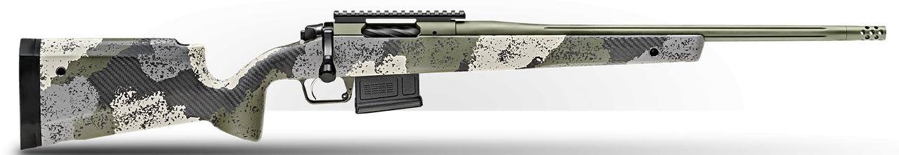 Springfield Model 2020 Waypoint 308 Win, 20" Fluted Stainless Barrel, SA Radial Brake, Green, Mil-Spec Green Cerakote, Evergreen Camo Carbon Fiber Stock M-LOK, TriggerTech Adj Trigger, AICS 5rd Mag