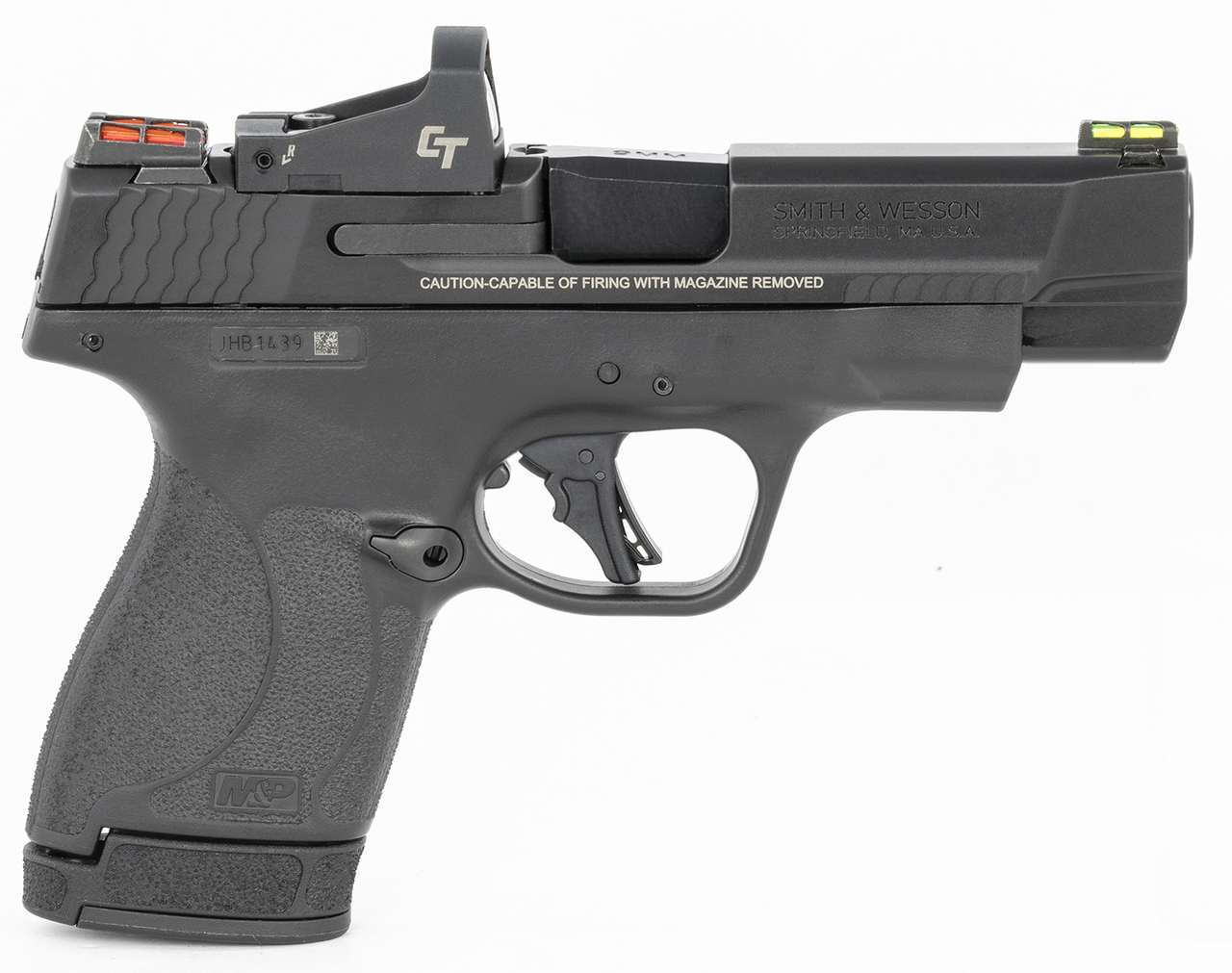 Smith & Wesson, Shield Plus, Performance Center, Includes Crimson Trace Red Dot, Striker Fired, Micro Compact, 9mm, 4" Barrel, Optics Ready, Polymer Frame, No Thumb Safety, Fiber Optic Sights, Flat Face Trigger, 2 Mags, 1-10Rd 1-13Rd, Black