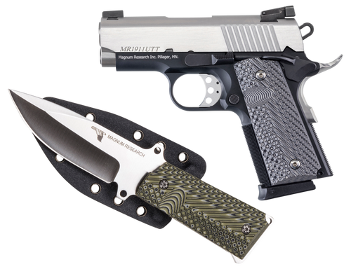 Magnum Research 1911U 45 ACP, 3" Barrel, Black Frame, Silver Slide, Includes Knife/Sheath, 6rd