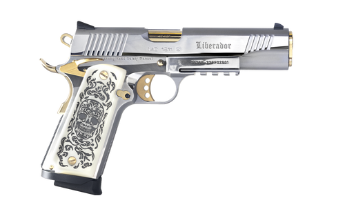 Girsan MC1911S Liberador II 9mm, 5" Barrel, Silver, Gold Accents, Engraved White Ivory Grips, 10rd