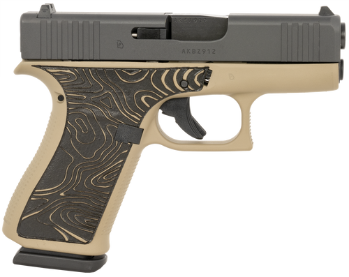 Glock G43x 9mm, 3.41" Barrel, Coyote Frame, Black Slide, Topography Grip, 10rd