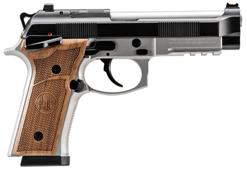 Beretta 92GTS Launch Edition 9mm, 4.7" Barrel, Silver Frame, Black Slide, Hogue Wood Grip, 10rd