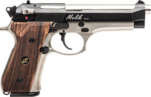 Rock Island Melik 9mm, 4.9" Barrel, Black Slide, Silver Frame, Wood Grip, 17rd
